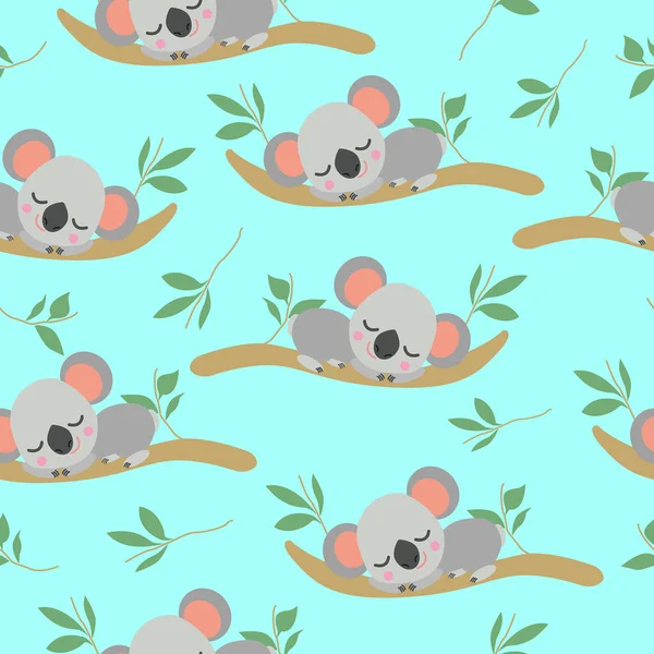 Okaliptüs dalında uyuyan koala bebeğiyle kusursuz desen. Basit düz çizim. Çizgi film tarzı. Sevimli ve komik. Çocuklar için çarşaf. Duvar kağıdı, tekstil ve ambalaj kağıdı için..