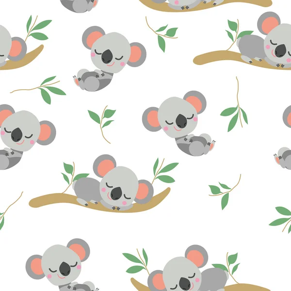 Okaliptüs dalında uyuyan koala bebeğiyle kusursuz desen. Basit düz çizim. Çizgi film tarzı. Sevimli ve komik. Çocuklar için çarşaf. Duvar kağıdı, tekstil ve ambalaj kağıdı için..