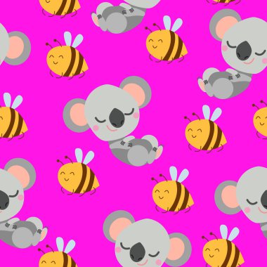 Uyuyan koala bebek ve sarı arılarda kusursuz desen. Pembe arka plan. Düz çizgi film tarzı. Sevimli ve komik. Çocuklar için kartpostal, tekstil, duvar kağıdı ve ambalaj kağıdı. Yaz ve bahar süsleri