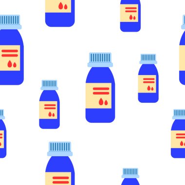 İlaç şişeleriyle kusursuz desen. Öksürük şurubu. Düz stil. Klasik mavilik. Eczane ve sağlık hizmetleri. İlaç, ilaç konsepti. Antibiyotik tedavisi. Zatürree ve koronavirüs tedavisi