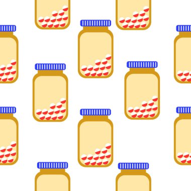 İlaç kavanozları ve haplarla kusursuz desen. Öksürük şurubu. Düz stil. Eczane ve sağlık hizmetleri. İlaç, ilaç konsepti. Antibiyotik tedavisi. Zatürree ve koronavirüs tedavisi