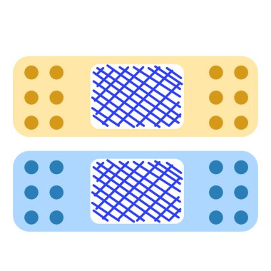 Bej ve mavi tıbbi alçı. Elastik bandaj bandı. Yara tedavisi. İlaç, eczane ve sağlık hizmetleri. Yapışkan bandaj. İlaç, ilaç konsepti. Düz stil. Acil hastane ekipmanları..