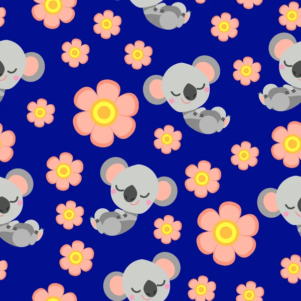Modèle Sans Couture Avec Bébé Koala Somnolent Fleurs Roses Fond — Image vectorielle