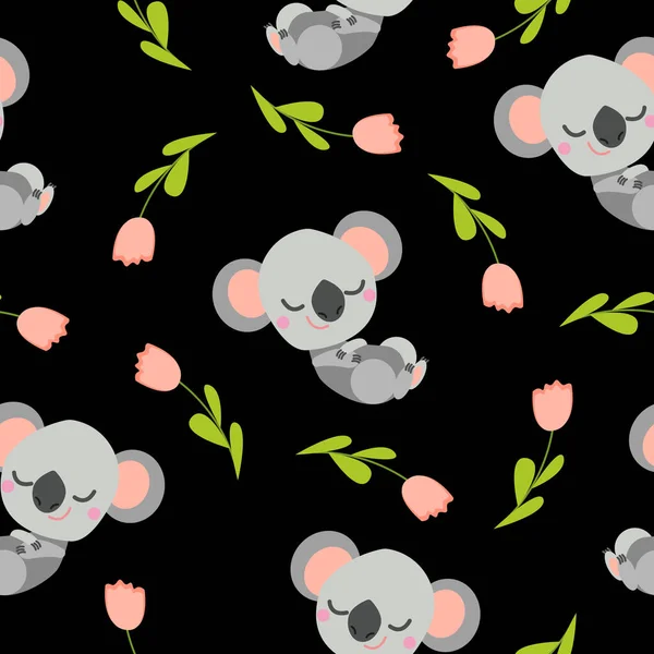 Seamless Pattern Sleeping Koala Baby Pink Tulips Black Background Flat — Stock Vector