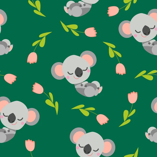 Seamless Pattern Sleeping Koala Baby Pink Tulips Green Background Flat — Stock Vector