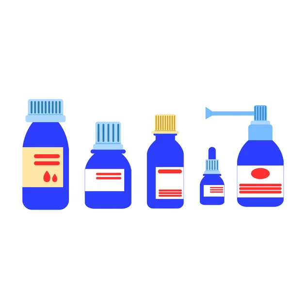Συλλογή Ιατρικά Μπουκάλια Και Βάζα Ρινικές Σταγόνες Σπρέι Λαιμού Φαρμακείο — Διανυσματικό Αρχείο