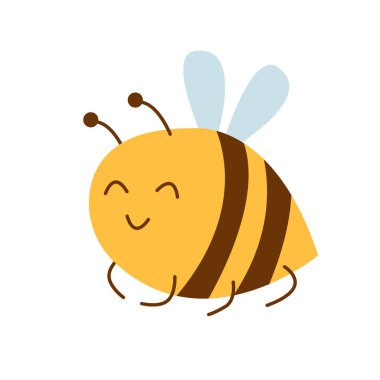 Kahverengi çizgili, açık mavi kanatlı, gülümseyen sarı arı. Basit düz çizgi film tarzı. Sevimli ve komik. Paskalya bayramı süsü. Çocuklar için. Çocuklar için. Kartpostallar, hatıra defteri ve tekstil için.