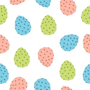 Paskalya yumurtalarında kusursuz desen. Yeşil, mavi ve pembe noktalı. Basit düz çizgi film tarzı. Sevimli ve komik. Paskalya bayramı süsü. Kartpostallar, hatıra defteri, tekstil ve ambalaj kağıtları için.