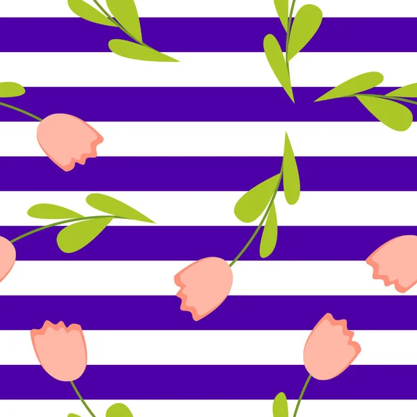Бесшовный Узор Розовыми Тюльпанами Фиолетовыми Белыми Полосами Весенне Летний Цветочный — стоковый вектор