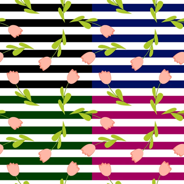 Бесшовный Узор Розовыми Тюльпанами Полосатым Фоном Весенне Летний Цветочный Сезон — стоковый вектор
