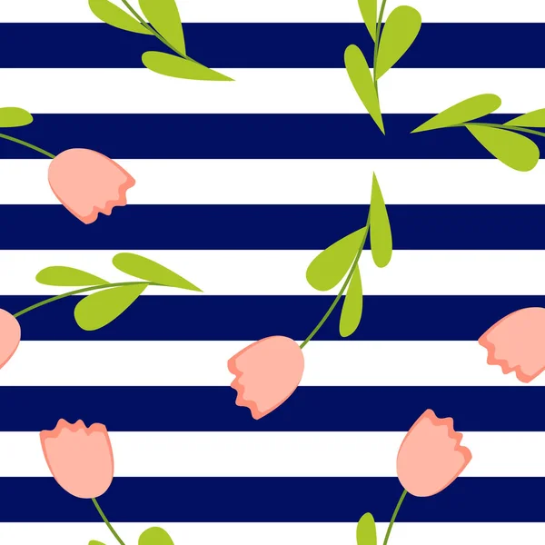 Modèle Sans Couture Avec Des Tulipes Roses Des Rayures Bleues — Image vectorielle