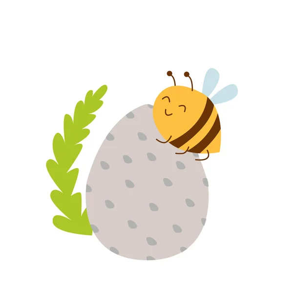 Żółta Pszczoła Szarym Jajku Wielkanocnym Zielony Liść Prosty Płaski Styl — Wektor stockowy