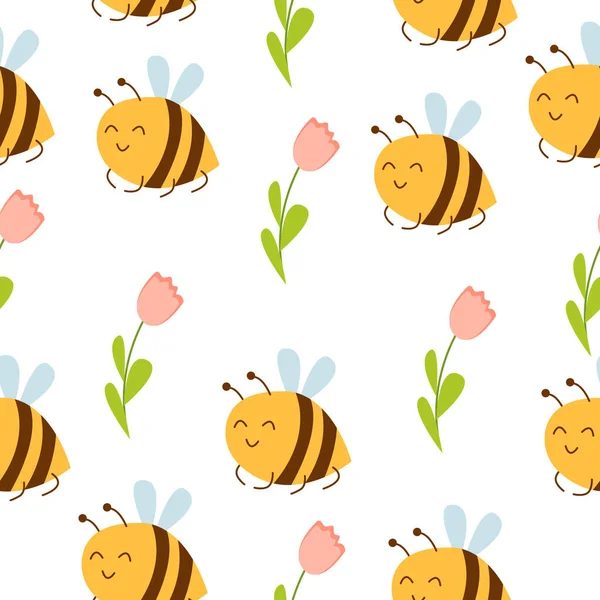 Seamless pattern with bees and pink tulips. Simple flat cartoon style. Cute and funny. Summer and spring. Easter holiday decoration. For postcards, wallpaper, textile, scrapbooking and wrapping paper