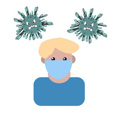 Coronavirus COVID-2019. Asya gribi salgını için solunabilir kavram. Tıbbi maskeli genç sarışın çocuk. Grip salgını. Virüs ya da bakteri. Düz çizgi film tarzı. Motivasyon posterleri için. Zatürree
