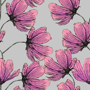 Kozmea çiçekleriyle kusursuz desen. Renkli kalemlerle çizilmiş bir el. Botanik çizimi. Pembe ve mor. Siyah çizgi. Bahar ve yaz. Kartpostallar, duvar kağıtları, hatıra defteri, tekstil ve ambalaj kağıtları için.