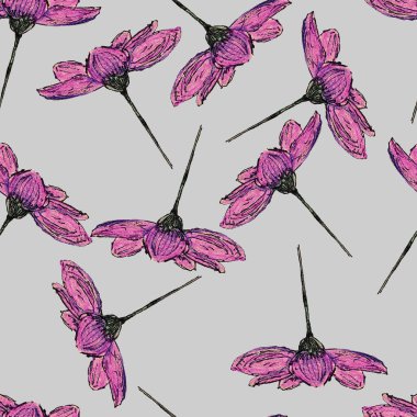 Kozmea çiçekleriyle kusursuz desen. Renkli kalemlerle çizilmiş bir el. Botanik çizimi. Pembe ve mor. Siyah çizgi. Bahar ve yaz. Kartpostallar, duvar kağıtları, hatıra defteri, tekstil ve ambalaj kağıtları için.
