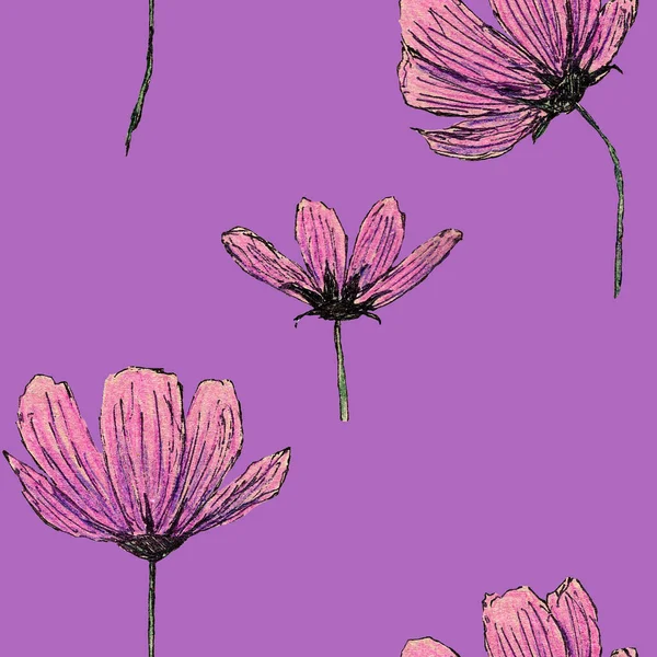Patrón Sin Costuras Con Flores Cosméticos Mano Dibujada Con Lápices —  Fotos de Stock
