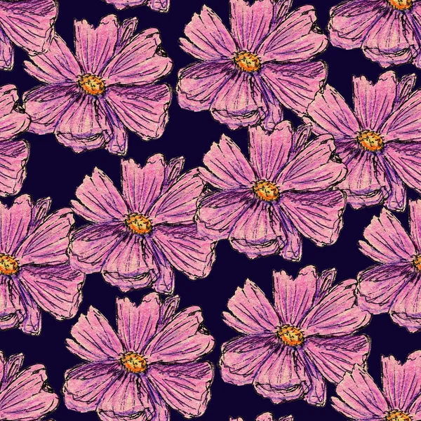 Seamless pattern with cosmea flowers. Hand drawn with colored pencils. Botany sketch. Pink and purple. Black line. Spring and summer. For postcards, wallpaper, scrapbooking, textile and wrapping paper