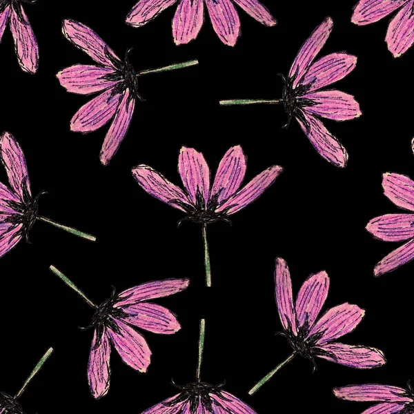 Nahtloses Muster Mit Kosmetikblumen Handgezeichnet Mit Buntstiften Botanik Skizze Rosa — Stockfoto