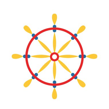 Direksiyon beyaz arka planda izole edilmiş. Klasik mavi, kırmızı ve sarı. Basit düz simge. Çizgi film tarzı. Deniz ve okyanus. Denizcilik ekipmanları. Denizci navigasyonu. Kartpostallar ve çocukların tasarımı için