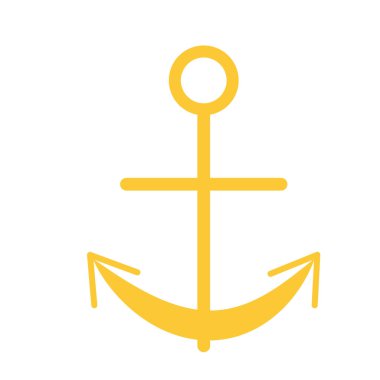 Sarı çapa beyaz arka planda izole edildi. Basit düz vektör çizimi. Çizgi film tarzı. Deniz ve okyanus. Gemi ekipmanı. Denizci sembolü. Grafik elementi. Denizcilik işareti. Logo, ağ ve simge tasarımı