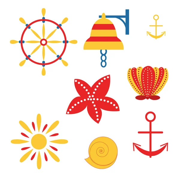 Collection Graphic Sea Elements Simple Flat Cartoon Style Yellow Red — Stock Vector