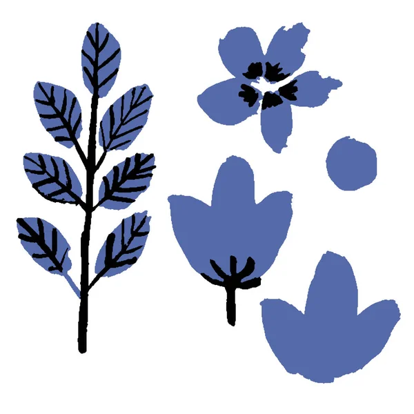 手描きの花や葉でコレクション 古典的な青い花の要素 生態系の落書きスタイル 森の木 シンプルなフラット ポストカード スクラップブッキング テキスタイル 壁紙や包装紙のために — ストックベクタ