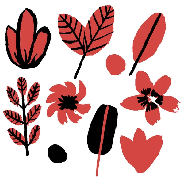熱帯と秋の手でコレクションは花 枝や葉を描きました 馬鹿なスタイルだ 赤と黒 花の孤立要素 生態系セット ポストカード 包装紙 壁紙や繊維のための — ストックベクタ