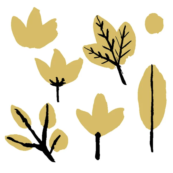 手描きの黄色の花や葉でコレクション 孤立した植物の要素 生態系の落書きスタイル 秋の紅葉 黄金の森 ポストカード 壁紙や包装紙のために — ストックベクタ