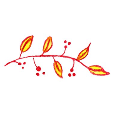 Tropikal yapraklar ve çiçeklerle ıssız bir dal. Suluboya ve renkli kalemlerle çizilmiş bir el. Tatil dekorasyonu. Botanik bahçesi. Ekoloji. Kartpostallar, tekstil, duvar kağıtları ve ambalaj kağıtları için.