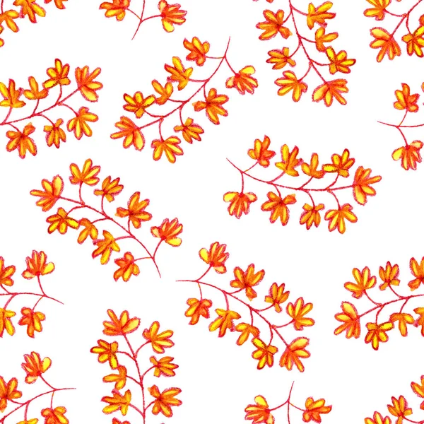 Бесшовный Узор Осенними Листьями Цветами Цветочный Деревенский Орнамент Красный Желтый — стоковое фото