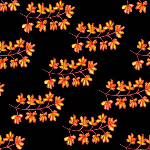 Seamless Pattern Autumn Branches Leaves Flowers Floral Ornament Red Yellow — Stock Photo, Image