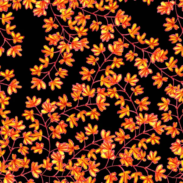 Seamless Pattern Autumn Branches Leaves Flowers Floral Ornament Red Yellow — Stock Photo, Image