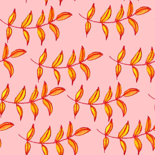 Handgezeichnete Orangefarbene Blätter Tropische Äste Ökologie Als Floraler Schmuck Nahtloses — Stockfoto