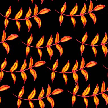 El yapımı sonbahar yaprakları. Tropik çiçekler. Doğal çiçekli süs. Kusursuz desen. Altın Orman. Turuncu ve siyah arka plan. Albüm, kartpostallar, duvar kağıtları, tekstil ve ambalaj kağıtları için