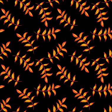 El yapımı sonbahar yaprakları. Tropik çiçekler. Doğal çiçekli süs. Kusursuz desen. Altın Orman. Turuncu ve siyah arka plan. Albüm, kartpostallar, duvar kağıtları, tekstil ve ambalaj kağıtları için