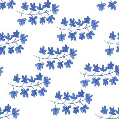 Elle çizilmiş sonbahar akçaağaç yaprakları. Egzotik çiçekler. Etnik çiçek süsü. Doğa. Kusursuz desen. Klasik mavi-beyaz arka plan. Albüm, kartpostallar, duvar kağıtları, tekstil ve ambalaj kağıtları için