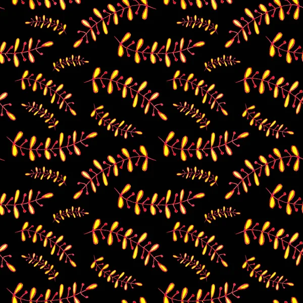 Бесшовный Узор Осенью Тропическими Ветвями Листьями Цветами Оранжевый Черный Фон — стоковое фото