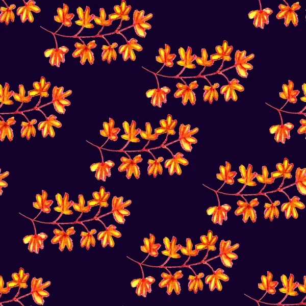 Seamless pattern with autumn and tropical tree branches, leaves and flowers. Floral ornament. Red, yellow, orange and dark blue background. For post cards, textile, wallpaper and wrapping paper