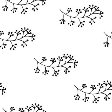 Elle çizilmiş rowan ağacıyla kusursuz desen. Üzüm dalı. Çiçekli zarif bir süs. Tek renkli arka plan. Ekoloji tasarımı. Moda ve moda. Kartpostallar, hatıra defteri, tekstil ve ambalaj kağıtları için.