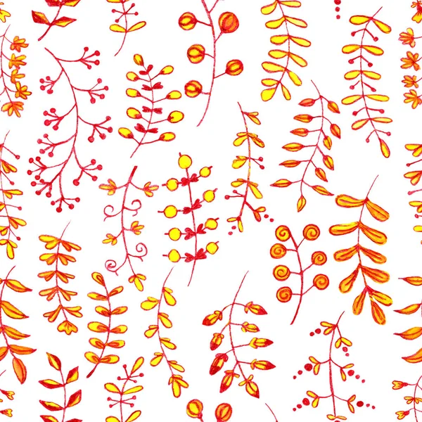 无缝图案 手绘热带和秋季枝条 花朵和浆果 民族垂直装饰装饰 红色和黄色 明信片 包装纸 纺织品和墙纸 — 图库照片