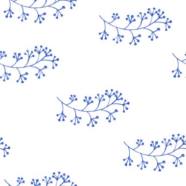 Kusursuz desenli, el çizimi yaz yaban mersini. Üzüm dalı. Çiçekli kır süsleri. Klasik mavi-beyaz arka plan. Ekoloji tasarımı. Kartpostallar, hatıra defteri, tekstil ve ambalaj kağıtları için.