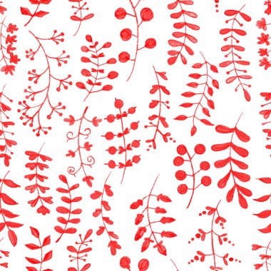 Elle çizilmiş kış ağacı dalları, yapraklar, çiçekler ve böğürtlenlerle kusursuz desen. Mutlu noeller. Kırmızı ve beyaz siluet süsü. Yeni yıl. Kartpostallar, ambalaj kağıtları ve duvar kağıtları için