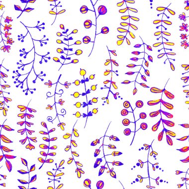 Bitkisel dikişsiz desen. El yapımı dallar, yapraklar ve çiçekler. Mavi, mor, sarı ve beyaz. Doodle tarzı. Geleneksel dikey süs. Kartpostallar, ambalaj kağıtları, tekstil ve duvar kağıtları için.