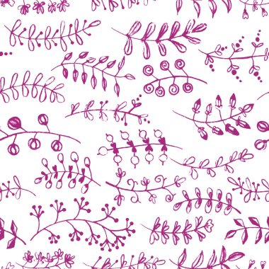 Bitkisel dikişsiz desen. El çizimi çiçekler ve yapraklar. Geleneksel taslak süsü. Mor ve beyaz arkaplan. Basit karalama stili. Paket var. Kartpostallar, ambalaj kağıtları, tekstil ve duvar kağıtları için.