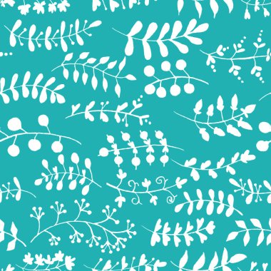 El çizimi yaz dalları, yapraklar, çiçekler ve böğürtlenlerle kusursuz desen. Dekoratif süs. Beyaz siluet ve turkuaz arka plan. Kartpostallar, ambalaj kağıtları, tekstil ve duvar kağıtları için.