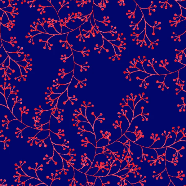 Бесшовный Узор Нарисованными Вручную Виноградными Ветвями Красные Цветы Синий Фон — стоковое фото