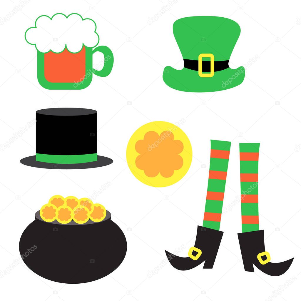 St Patrick's Day. Beer cup, leprechaun hats, coin, pot with gold, shoes, striped socks. Funny cartoon style. Green, white and orange. Irish colors. For tattoo, post cards and posters.