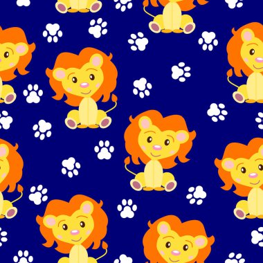 Mutlu bebek aslanlar oturuyor. Sarı ve turuncu. Mavi arka plan. Kusursuz desen. Düz çizgi film tarzı. Komik ve sevimli. Pençe izi. Afrika hayvanı. Kartpostallar, duvar kağıtları, tekstil ve ambalaj kağıtları için.