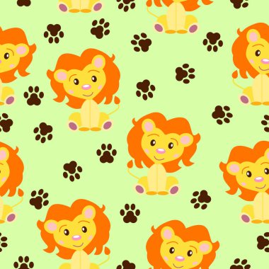 Mutlu bebek aslanlar oturuyor. Sarı ve turuncu. Yeşil arka plan. Kusursuz desen. Düz çizgi film tarzı. Komik ve sevimli. Pençe izi. Afrika hayvanı. Kartpostallar, duvar kağıtları, tekstil ve ambalaj kağıtları için.